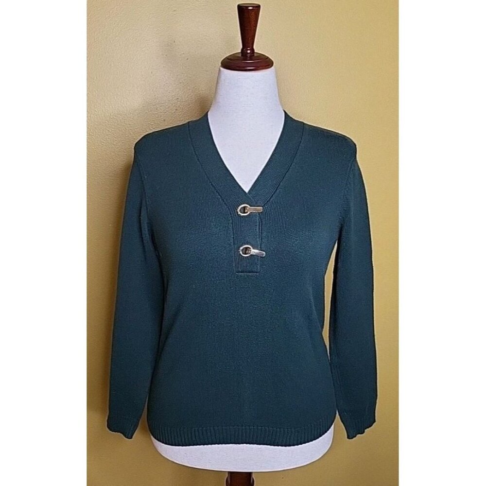 Charter Club Womens Medium Gold Buckle‎ Green Pullover Long Sleeve Knit Sweater